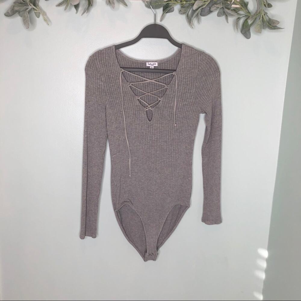 Splendid Sylvia Lace Up Ribbed Bodysuit Gray L